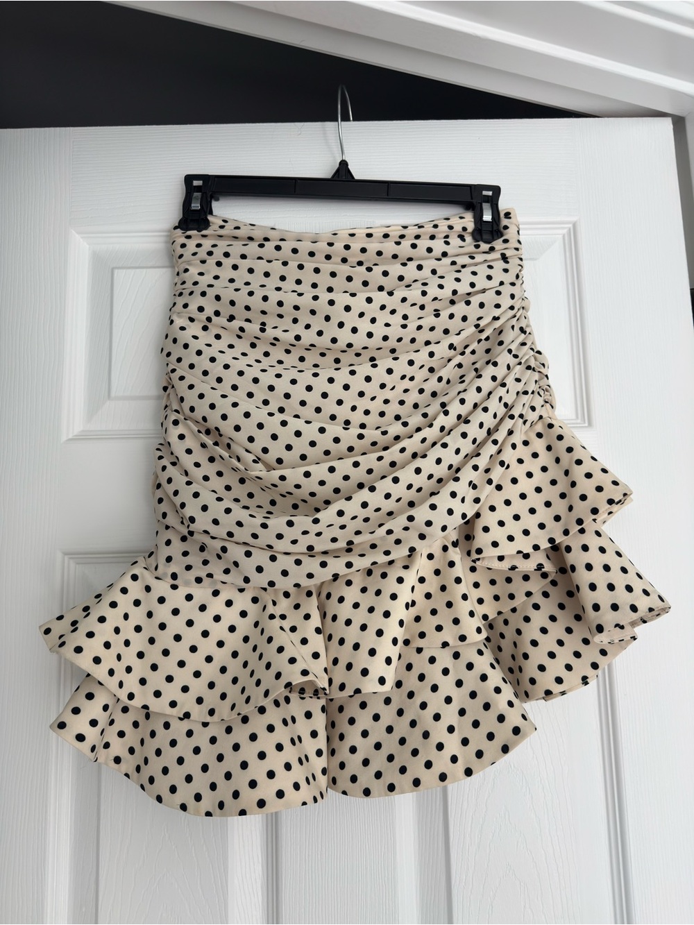 Zara Beige Mini Skirt with Black Polka Dots and Ruffle Hem